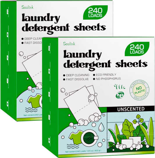 Soulink Laundry Detergent Sheets Unscented 480 Loads (2 pack)，Eco Friendly Detergent Sheets for Travel & Home - No Plastic Jug Liquidless Soap Strips, Plant-based, Hypoallergenic.