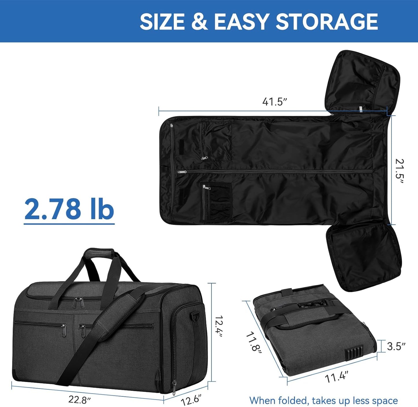 Garment Duffle Bags for Travel, Bukere Convertible Carry on Garment Duffel Bag for Men Women, Shoe Compartment, 2 in 1 Hanging Dress Suitcase Suit Travel Bags, Midnight Grey