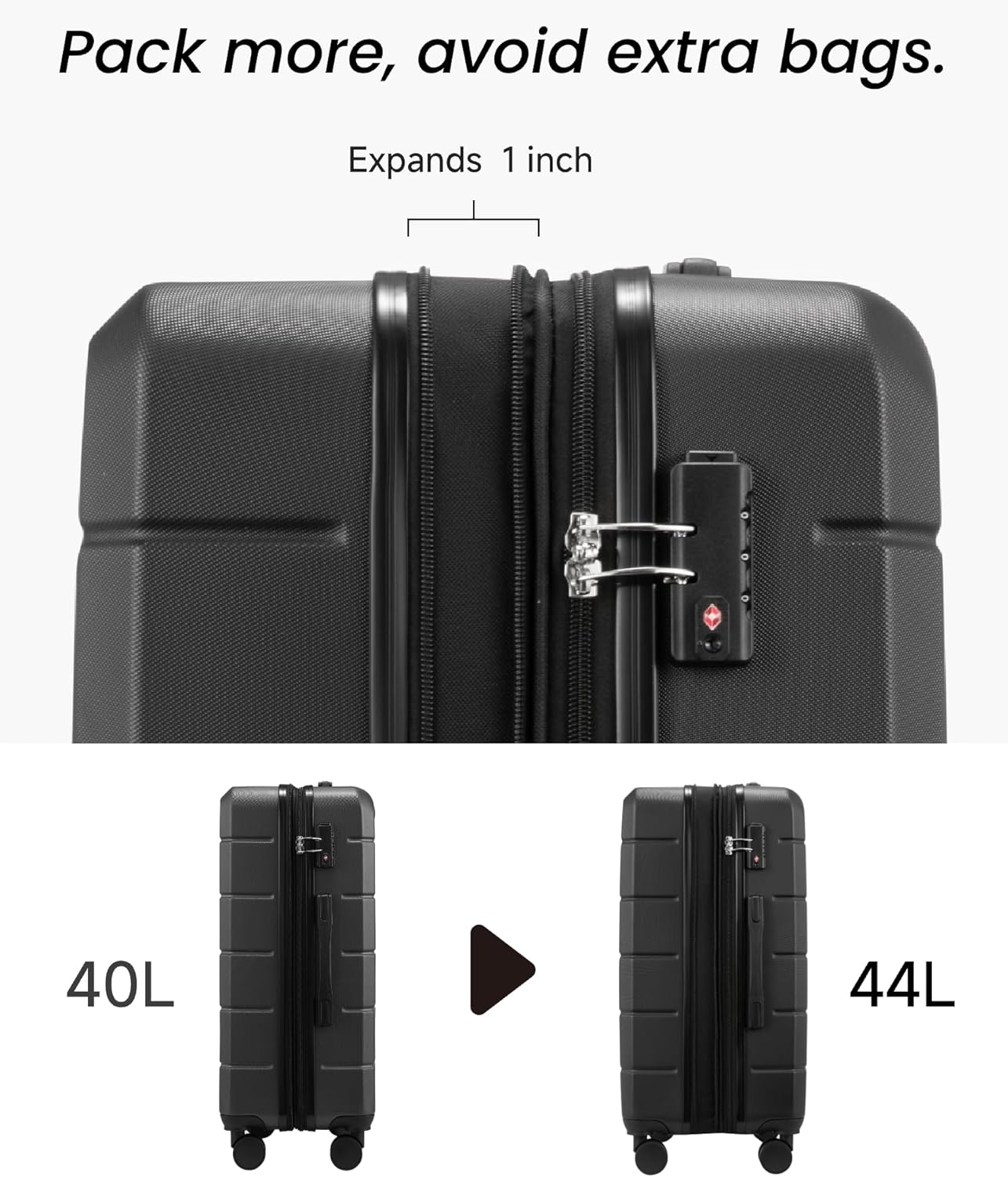 Luggage Sets 3 Piece, Expandable Hardside Suitcases with Wheels, Black