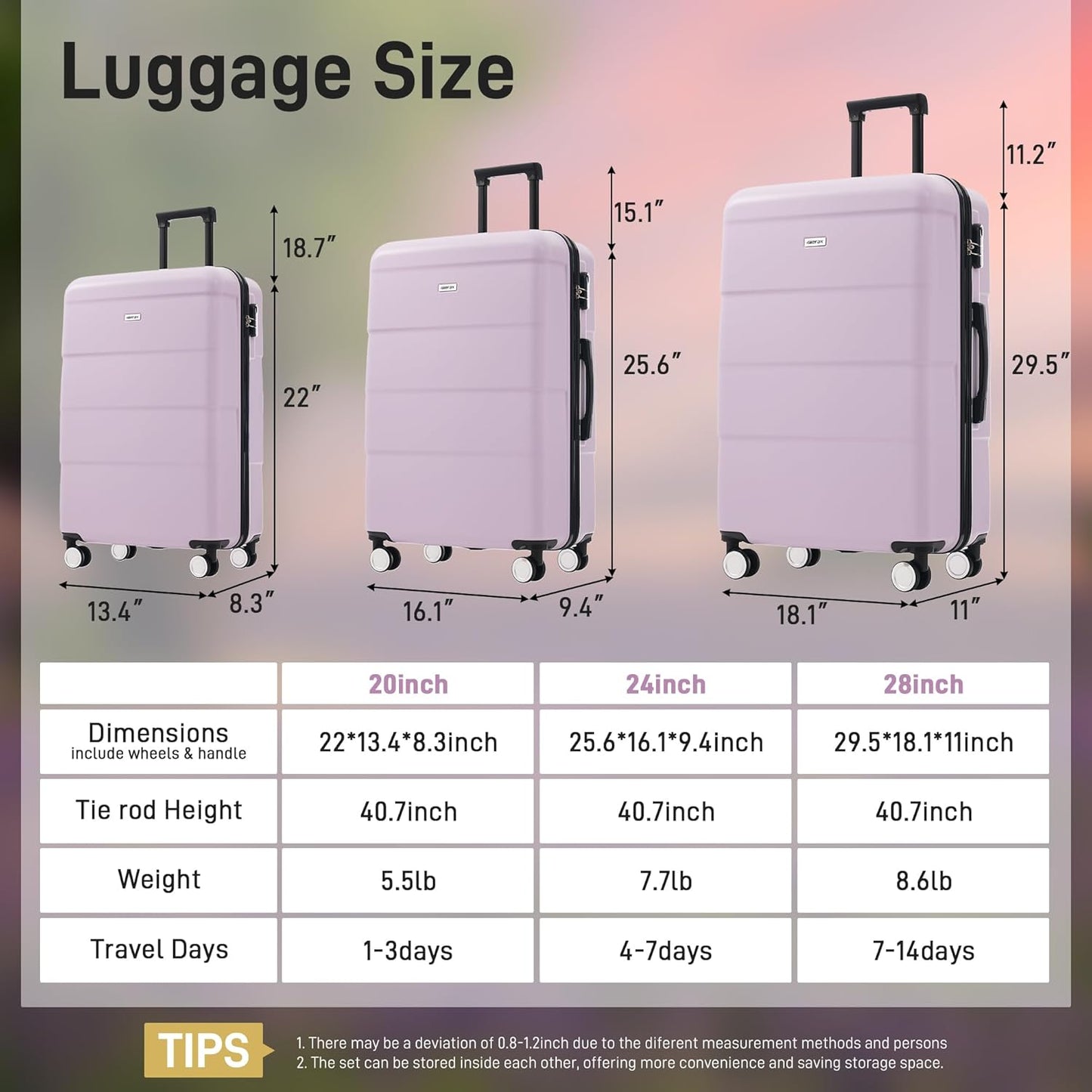 Merax Luggage Sets 3 Piece, Suitcases with Spinner Wheels, Lightweight Travel Luggage with Lock, ABS Hardshell Suitcase Set 20/24/28 IN,Pink Purple