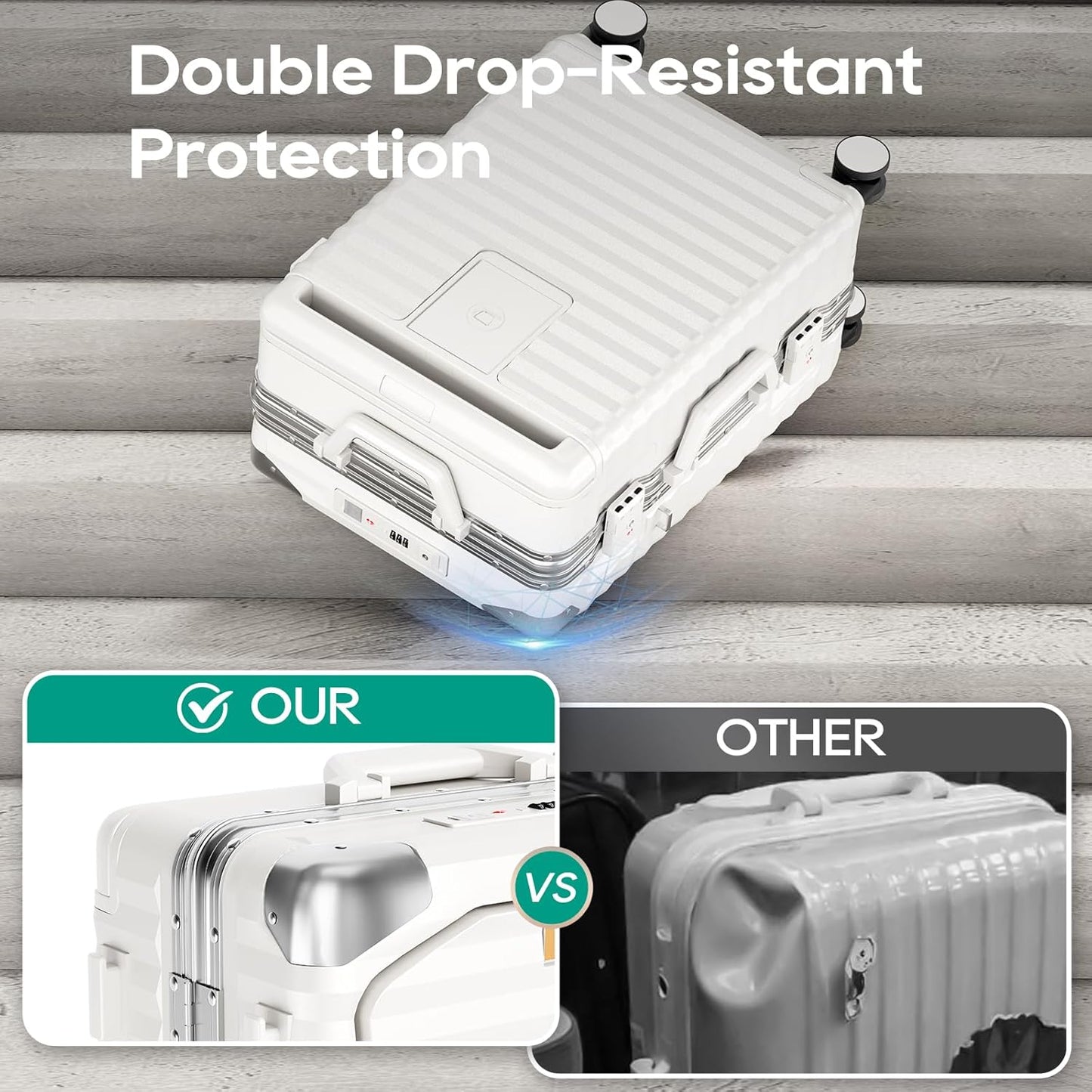 Joyway 20 Inch Carry on Luggage with Aluminium Frame and Front Pocket, PC Hardshell Suitcase with USB Port and Cup Holder, 21.5x14.2x9 Airline Approved, Luggage with Spinner Wheels and TSA Lock(White)