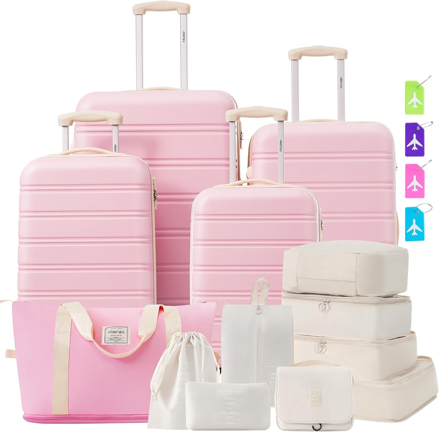 Merax Luggage sets of 13 Piece 16 20 24 28 IN Carry on Luggage sets 4 piece Hardcase Light Pink Luggage Expandable Suitcase Set with Wheels