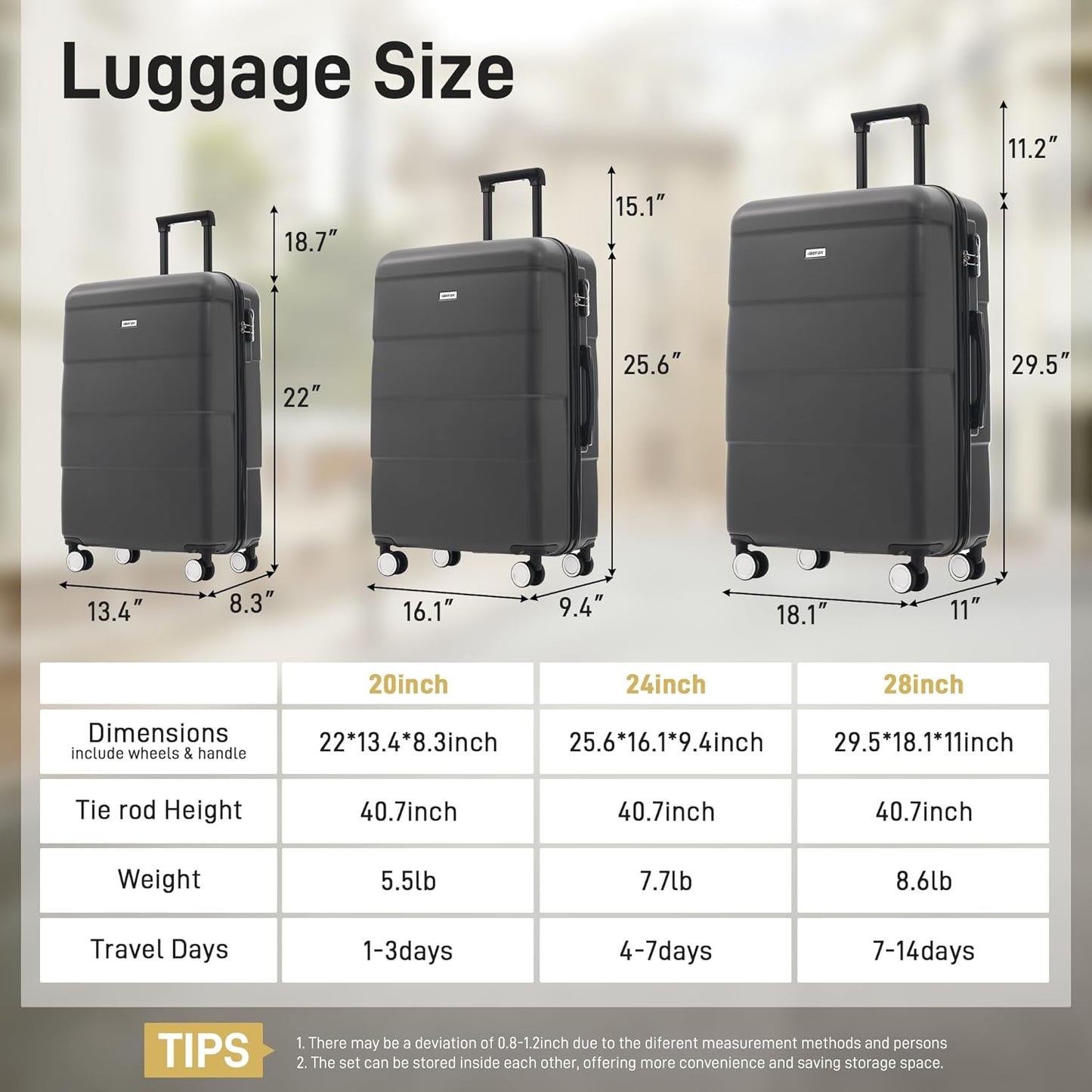 Merax Luggage Sets 3 Piece, Suitcases with Spinner Wheels, Lightweight Travel Luggage with Lock, ABS Hardshell Suitcase Set 20/24/28 IN,Charcoal