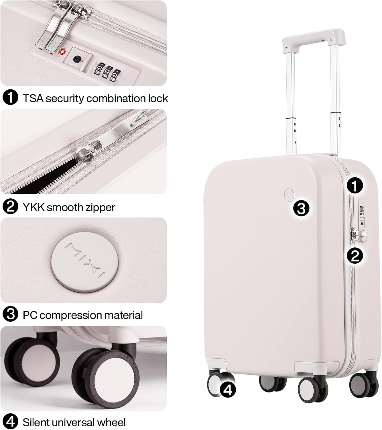mixi Carry on Luggage, 20'' Suitcase Spinner Wheels Luggage Hardshell Lightweight Rolling Suitcases PC with Cover & TSA Lock for Business Travel, Off White（Slight Pink）