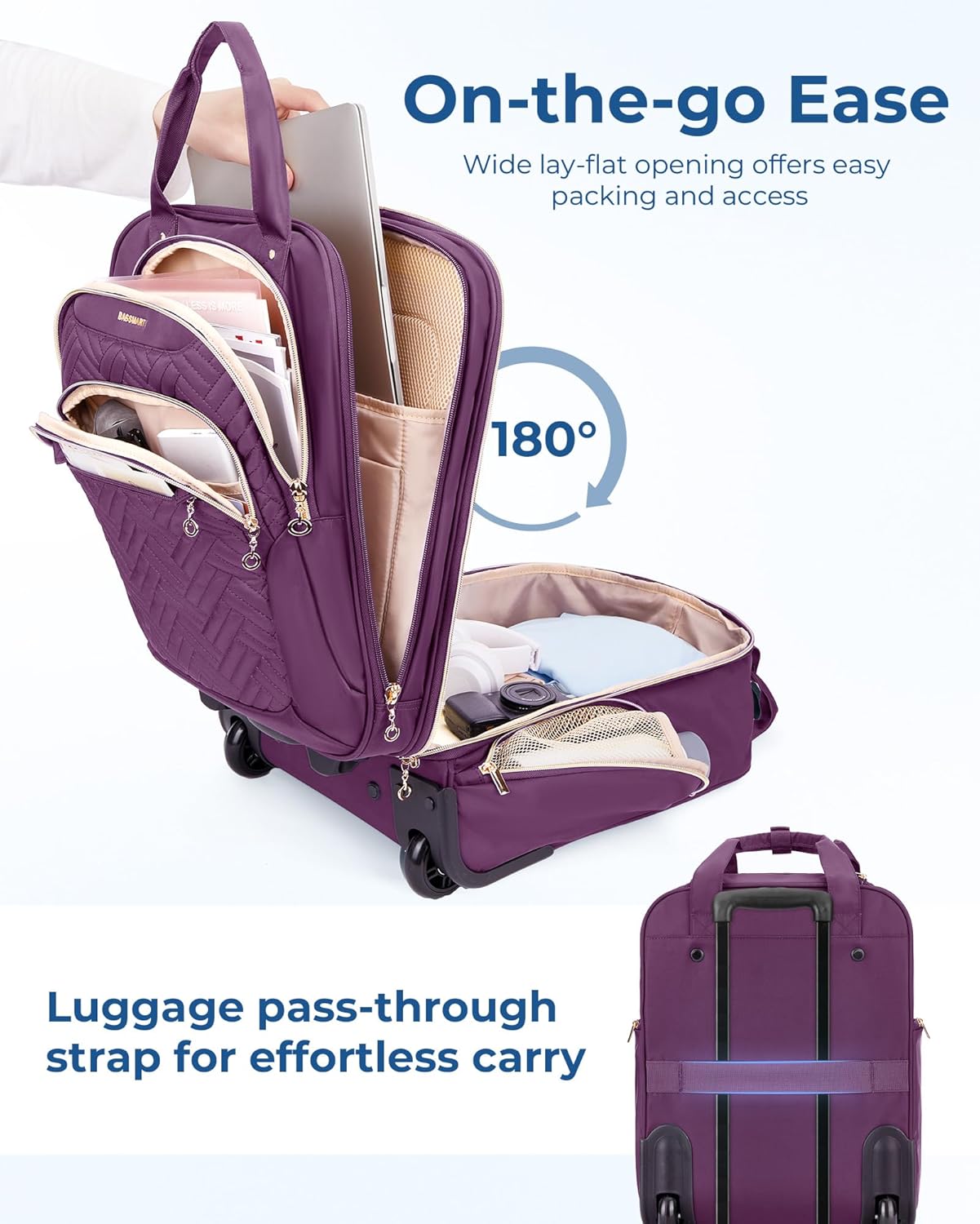 BAGSMART Underseat Carry On Luggage Airline approved,16-inch Underseater Softside Travel Suitcase with Wheels Lightweight Overnight Rolling Carry-on Luggage for Women Men Weekender, Purple