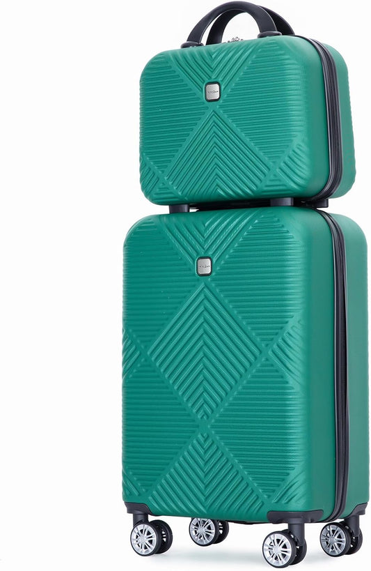 2 Piece Carry on Luggage Set, Airline Approved 20 Inch Luggage with Cosmetic Case Hard Shell Suitcase with Spinner Wheels, Dark Green