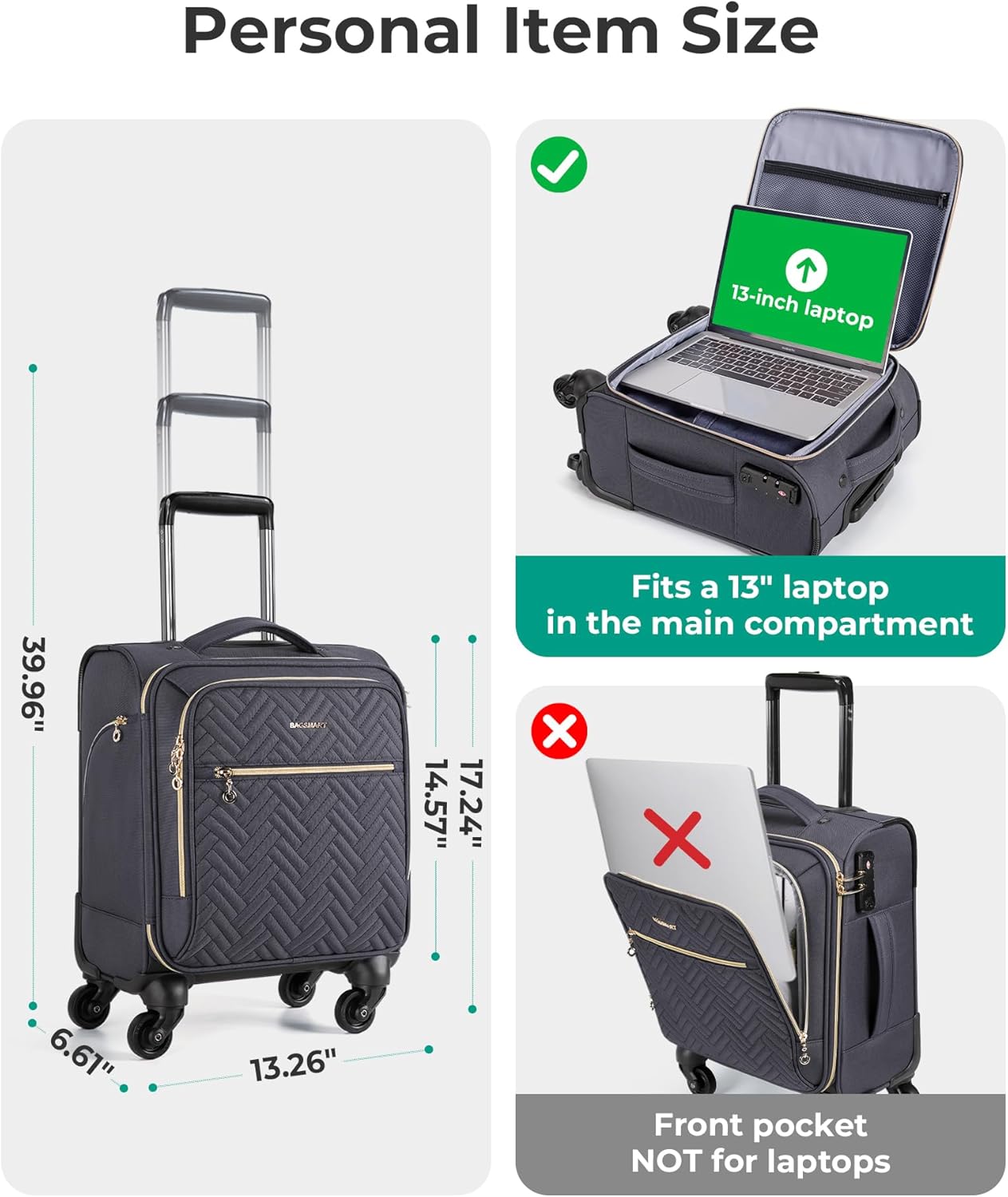 BAGSMART Underseat Carry On luggage Airline Approved, 16-inch Small Softside Underseater Travel Suitcase with Spinner Wheels Overnight Bag Small Rolling Carry-on for Women Men Weekender,Grey