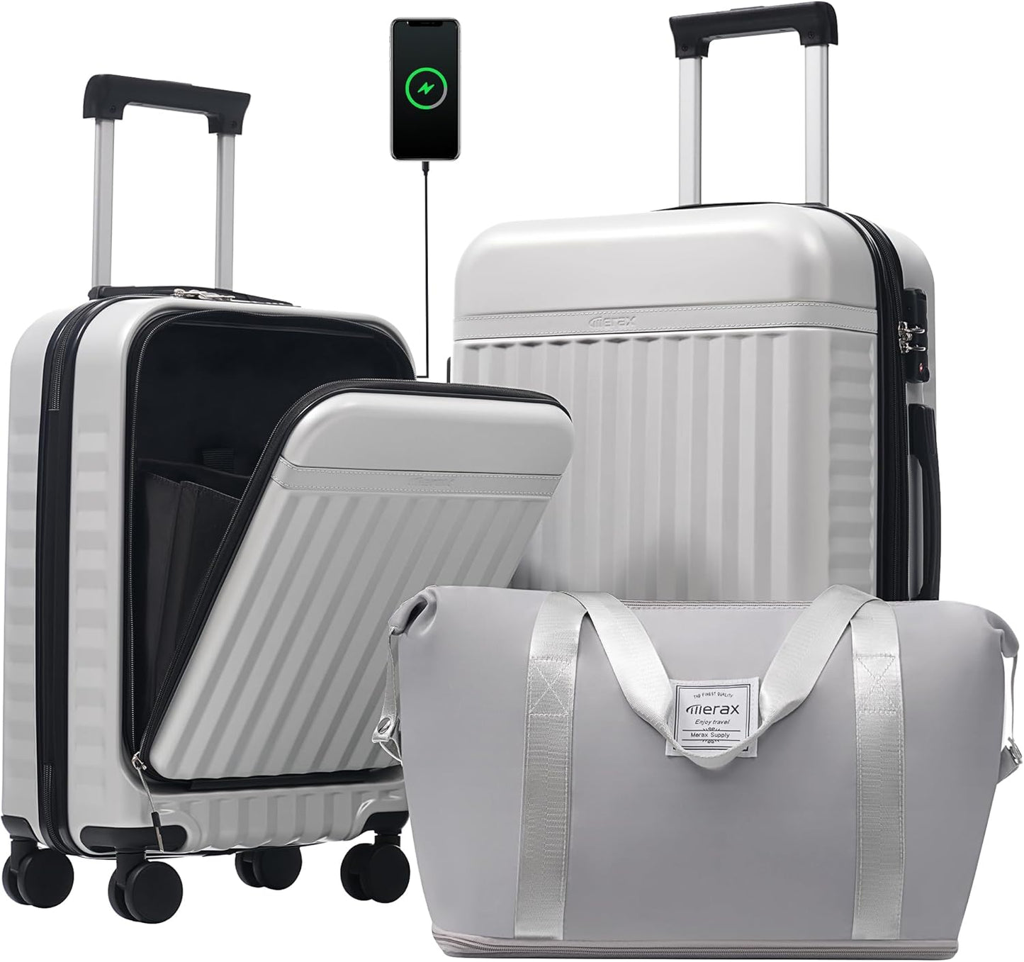 Merax Luggage Sets Front Opening, 2 Piece Hardshell Suitcase with Spinner Wheels and Bags,Lightweight Carry on Luggage with USB Port,20+24,White Grey