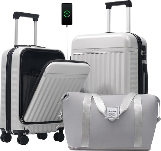 Merax Luggage Sets Front Opening, 2 Piece Hardshell Suitcase with Spinner Wheels and Bags,Lightweight Carry on Luggage with USB Port,20+24,White Grey