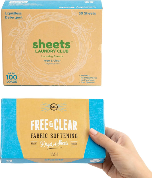 Sheets Laundry Club Bundle - 50 Pack (up to 100 loads) Fragrance Free Detergent Sheets & 40 Pack Free & Clear Dryer Sheets - New Liquidless Technology, Travel Essential Cleaning Supplies