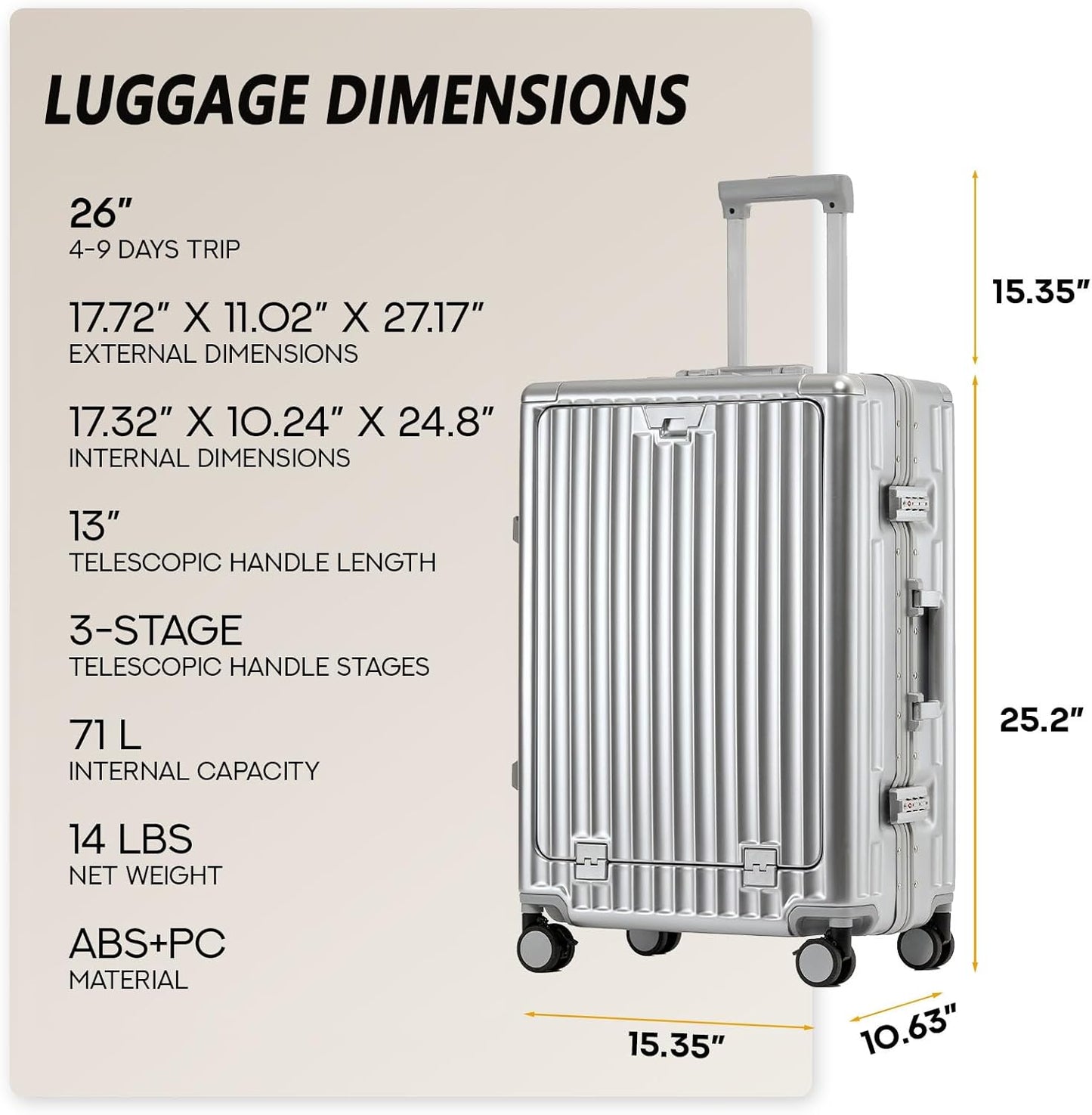 26 Inch Zipperless Checked Travel Luggage with Spinner Wheels,Aluminum Frame Hard Shell Front Pocket Suitcase with Compartment TSA Approved USB Port,Cup & Phone Holder for Women Men,Silver