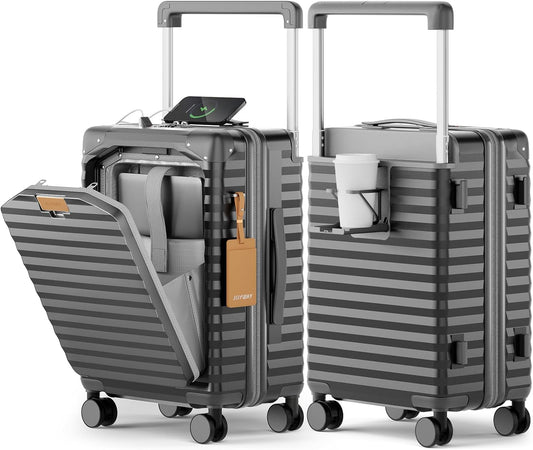 Joyway 20 Inch Carry on Luggage with Front Pocket, PC Hardshell Carry-on Suitcase with USB Port and Cup Holder, 21.5x14.2x9 Airline Approved, Luggage with Spinner Wheels and TSA Lock (Grey)