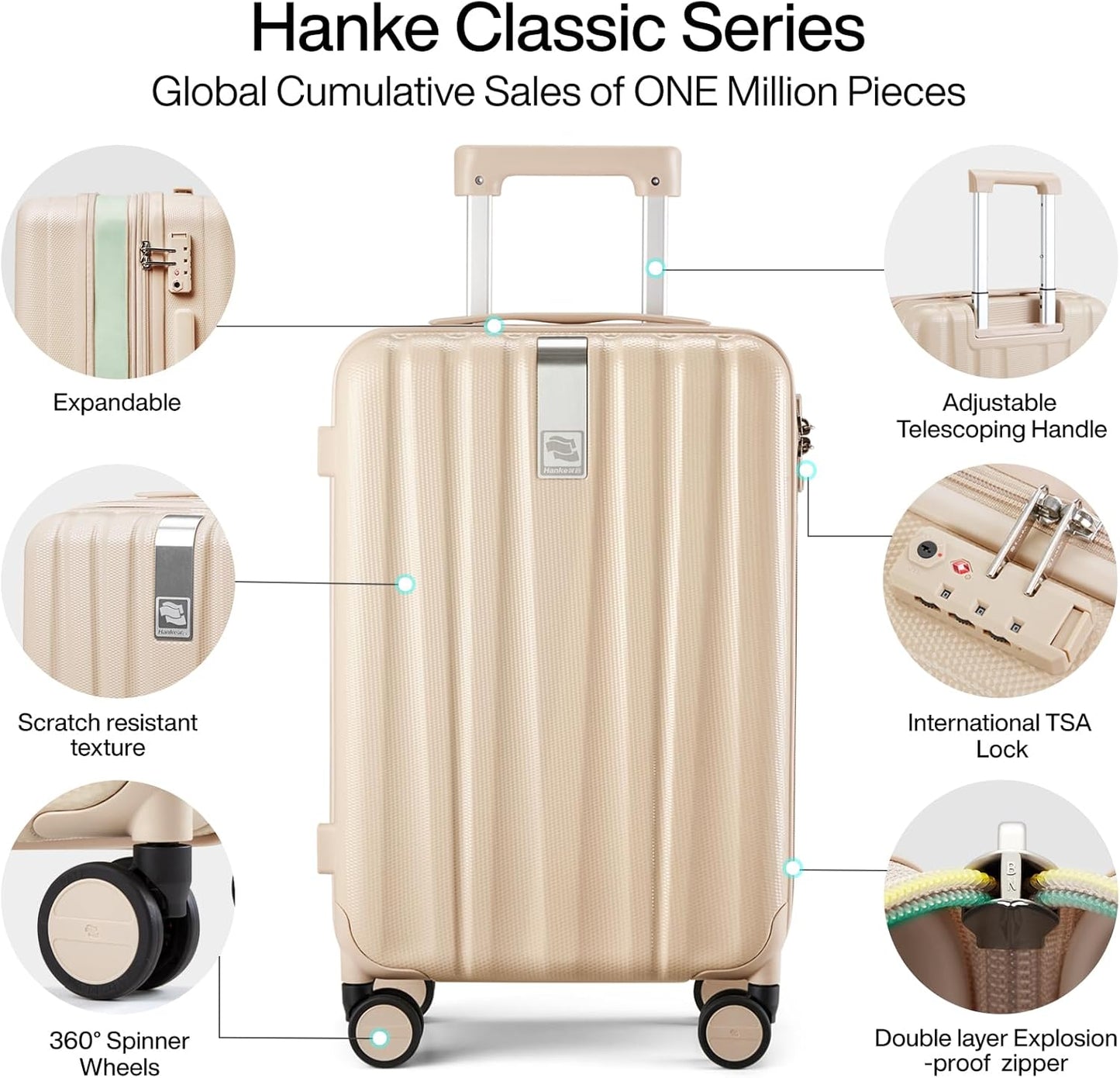 Hanke 20 Inch Expandable Carry on Luggage 22x14x9 Airline Approved Lightweight PC Hard Shell Suitcases with Wheels Travel Luggage Rolling Suitcase Travel Luggage Bag for Weekender(Cuba Sand Pink)