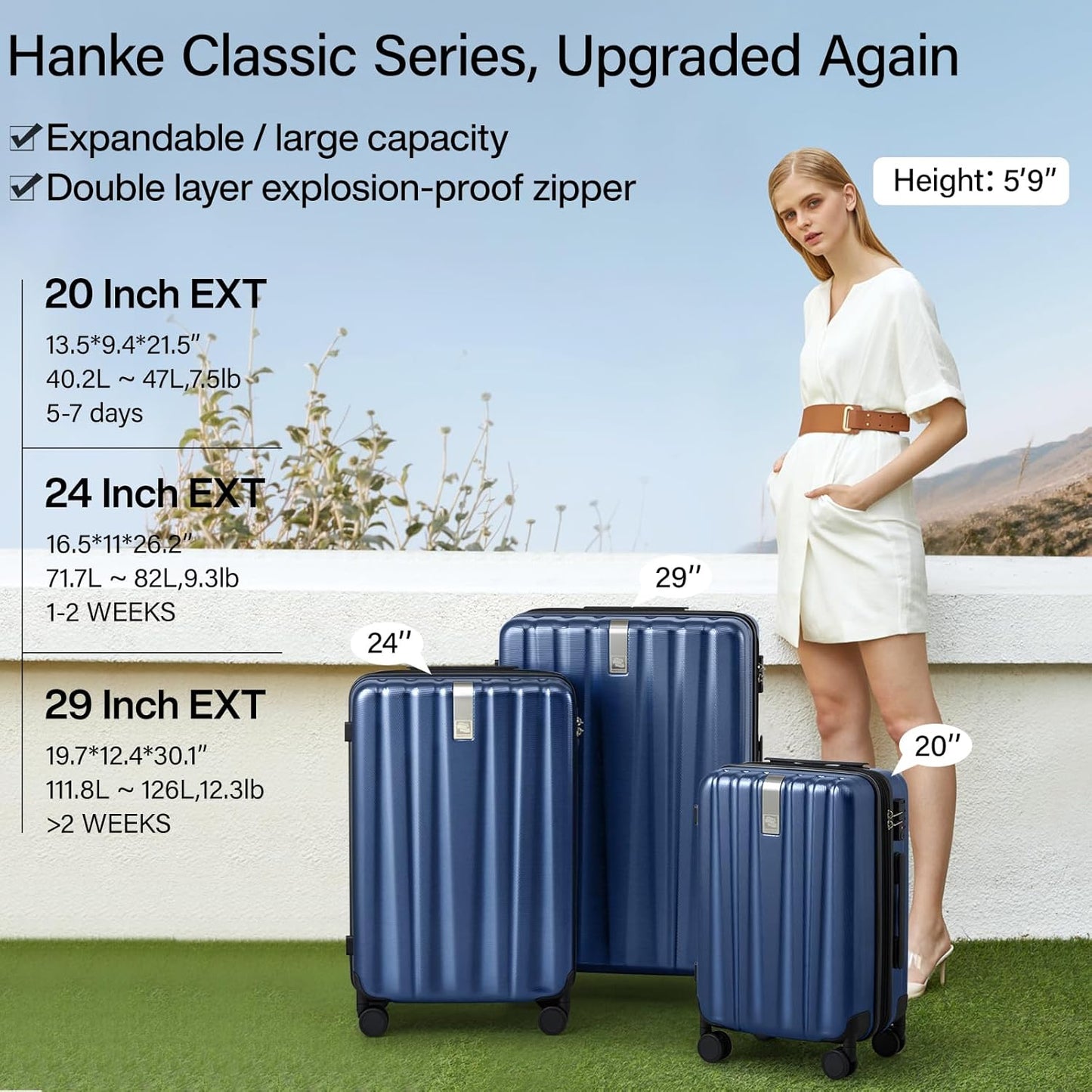 Hanke 20 Inch Expandable Carry on Luggage 22x14x9 Airline Approved Lightweight PC Hard Shell Suitcases with Wheels Travel Luggage Rolling Suitcase Travel Luggage Bag for Weekender(Dark Blue)
