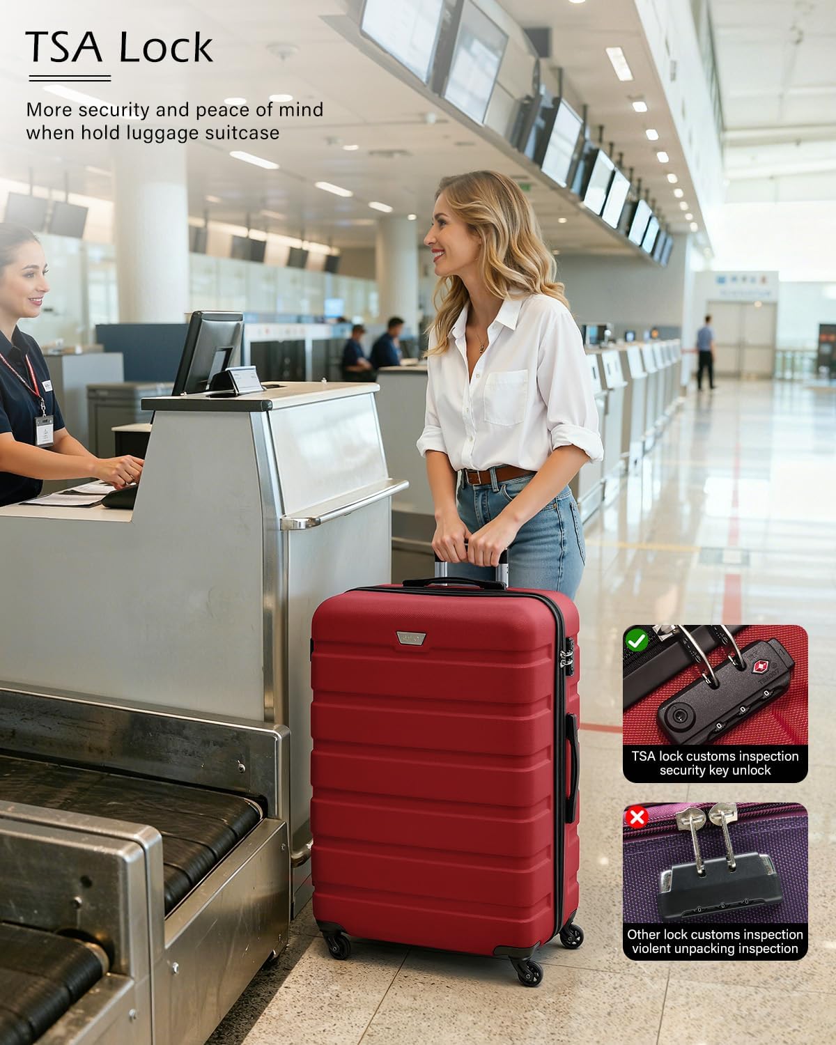 Coolife Luggage 3 Piece Set Suitcase Spinner Hardshell Lightweight TSA Lock (red, 3 piece set(20in24in28in))