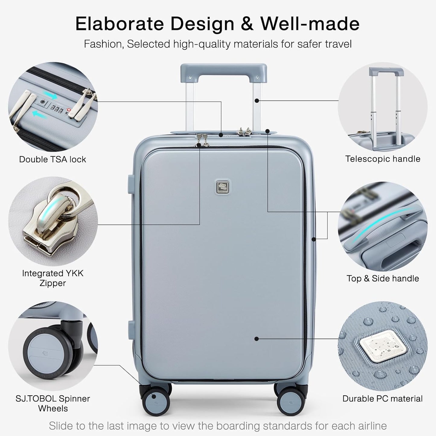 Hanke Grace Carry On Luggage with Wheels Airline Approved Hard Shell Suitcases with Front Pocket，Top Opening Luggage with TSA Lock for Short Business Travel， Grey.