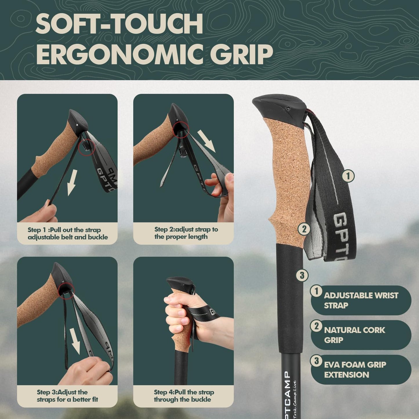 GPTCAMP Walking Sticks,Trekking Poles Collapsible Hiking Poles,Lightweight Folding Travel Walking Pole for Men Women,2pc Adjustable Hiking Stick with EVA Foam Grips for Backpacking