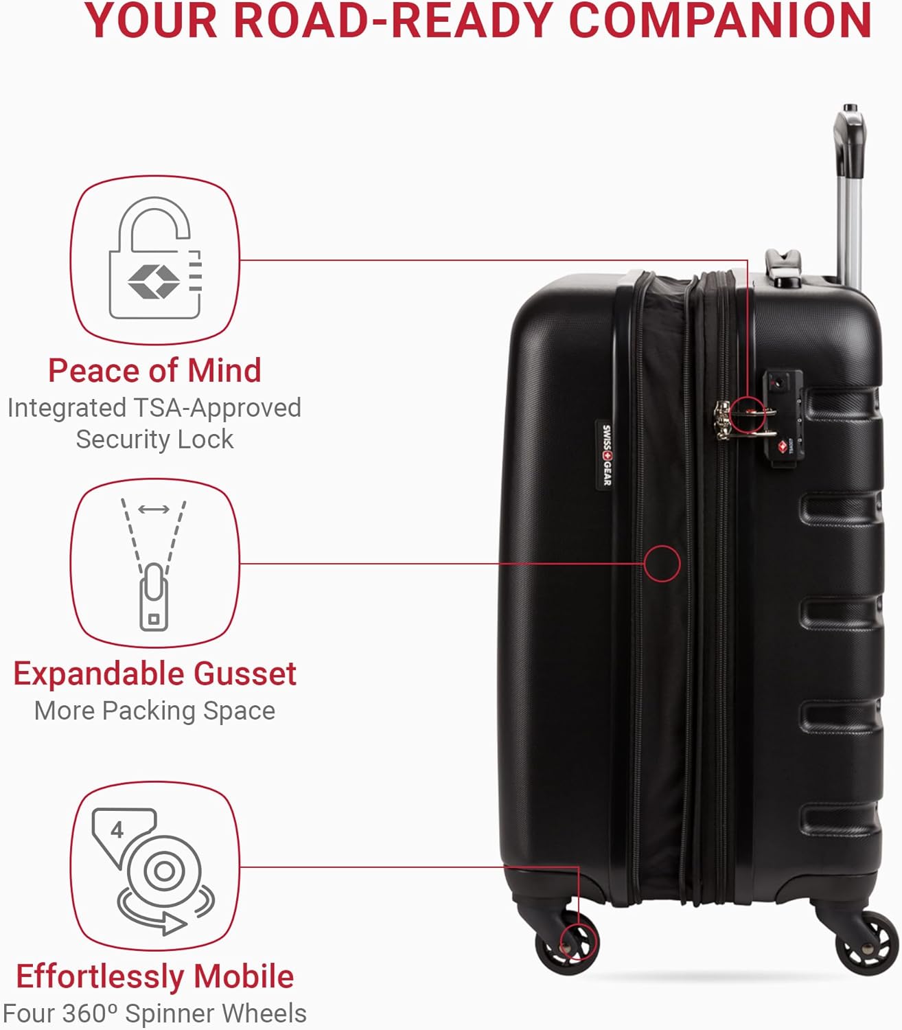 SwissGear 7366 Hardside Expandable Luggage with Spinner Wheels, Black, Carry-On 19-Inch