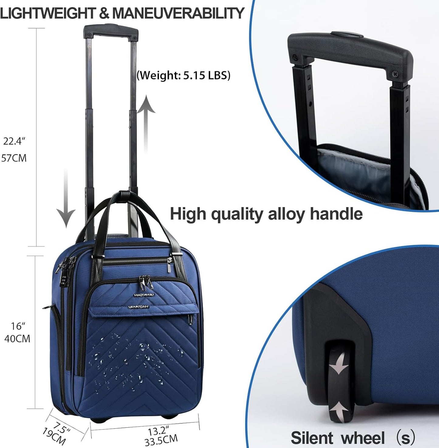 VANKEAN Carry On Underseat 16-inch Multi-functional Underseater Lightweight Overnight Suitcase with Wheels Roller Case for Women Men Travel Business, Haze Blue