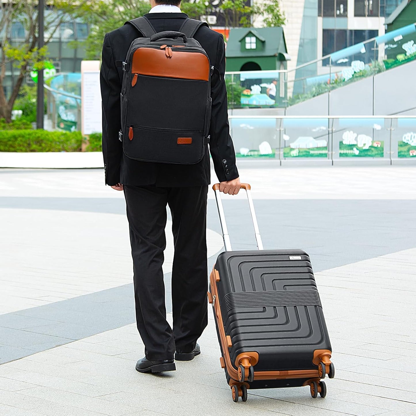 Romswi Luggage Sets 2 Piece, Expandable Carry On Luggage 20In with Travel Backpack, PC+ABS Hardside Suitcase Set with TSA Lock, Durable Carry On Suitcase with Spinner Wheels for Men Black