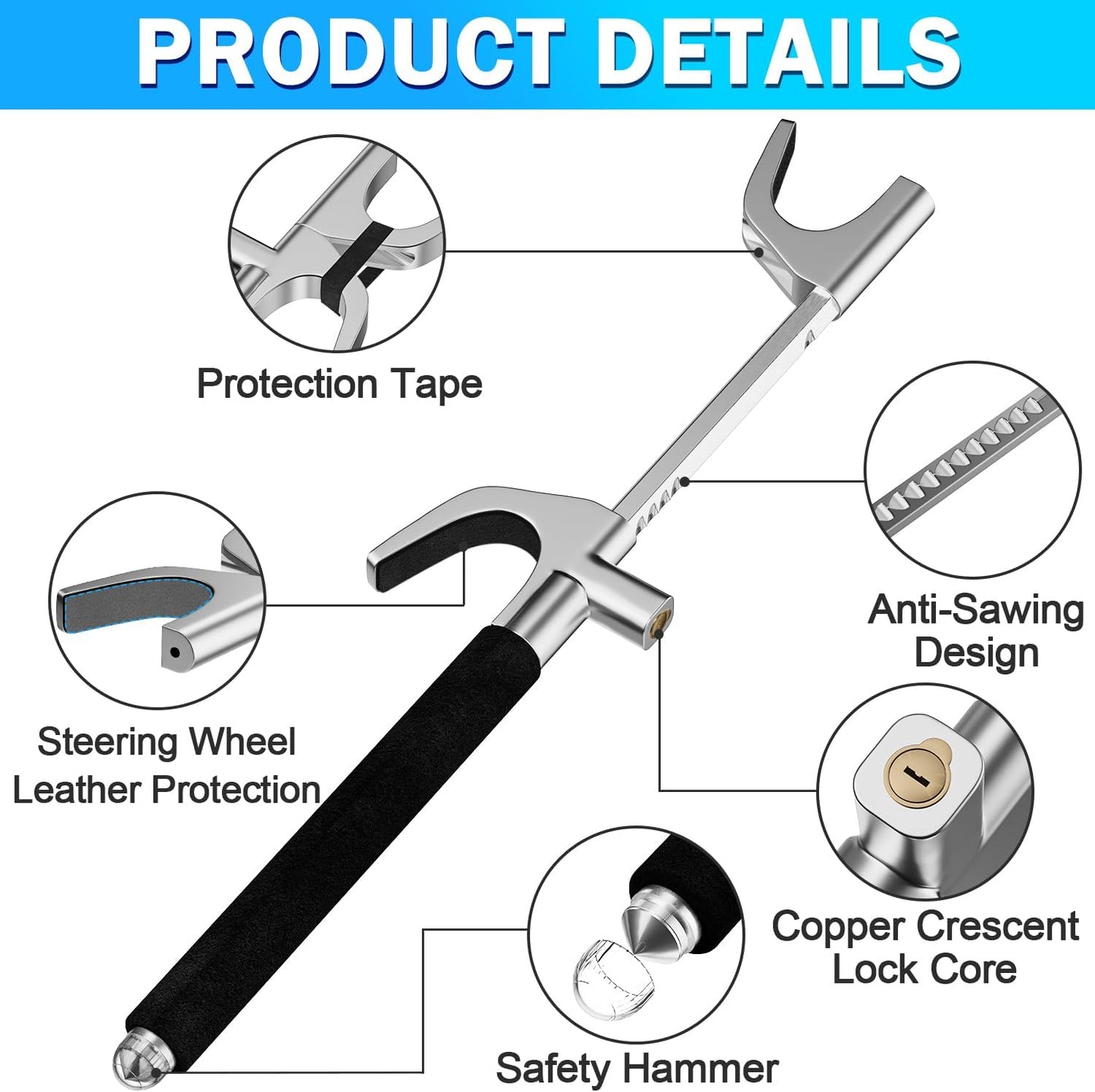 MONOJOY Steering Wheel Lock Universal Security Car Locks with Safety Hammer Heavy Duty Carro Wheel Locks Retractable Anti-Theft Prevention Device for Truck|SUV|Van Accessories, Black