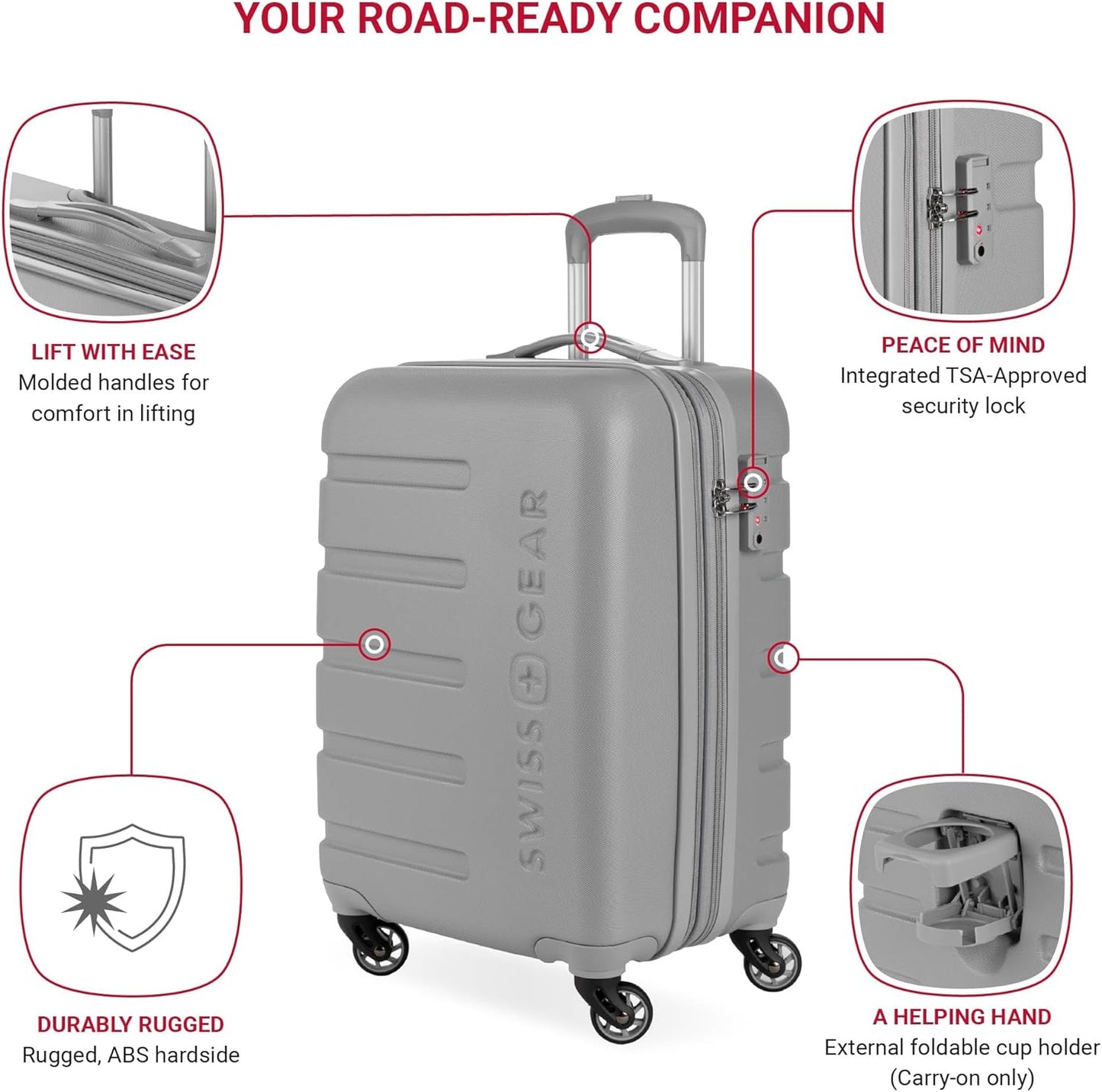 SwissGear 7366 Signature Hardside Expandable Luggage with Spinner Wheels, TSA Lock, Cup-Holder, Grey, 2-Piece Set (19/27)