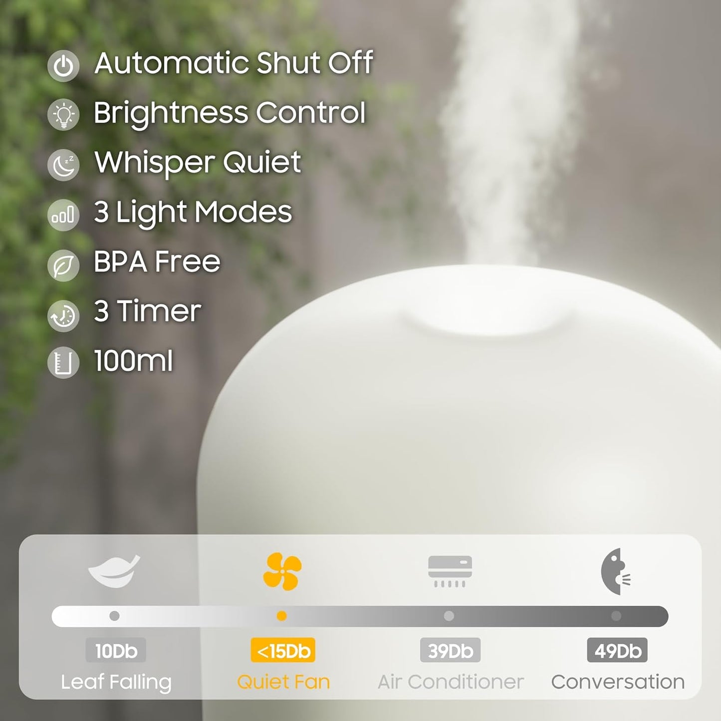 Essential Oil Diffuser, 100ml Ultrasonic Aromatherapy Humidifier, 6 in 1 Quiet Diffuser with Auto Shut-Off Function, Small Essential Oil Vaporizer（White）