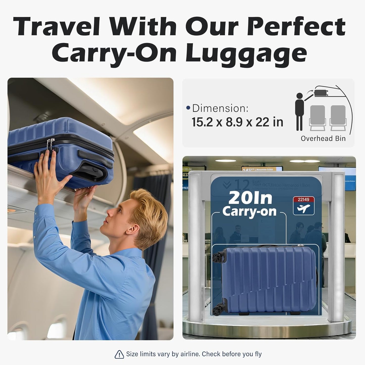 Coolife Carry On Luggage Airline Approved with Wheels Hard Shell Suitcase Spinner TSA Lock Telescopic Handle 20-inch,Blue