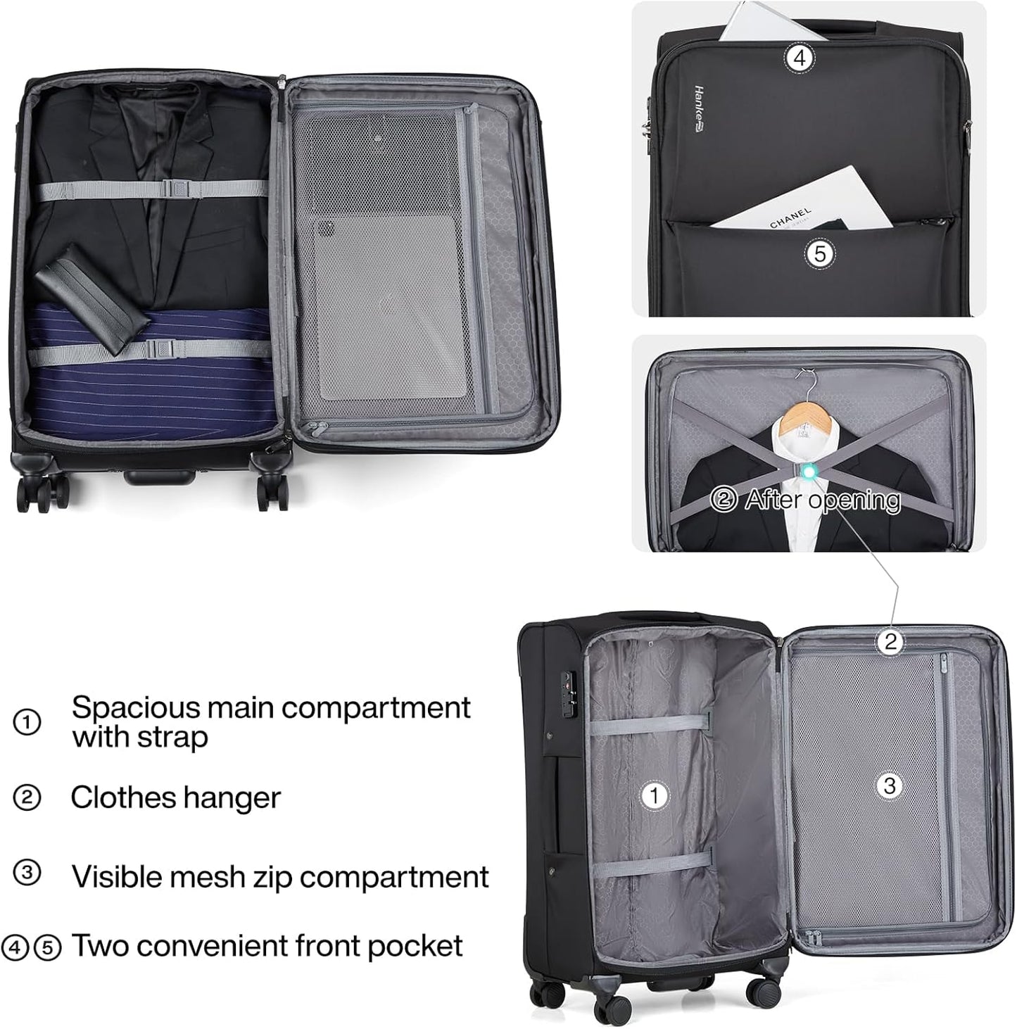 Hanke Softside Expandable 20 Inch Carry On Luggage with Wheels Airline Approved, TSA Luggage Lightweight Rolling Suitcases for Travel Carry On Bag(Black)