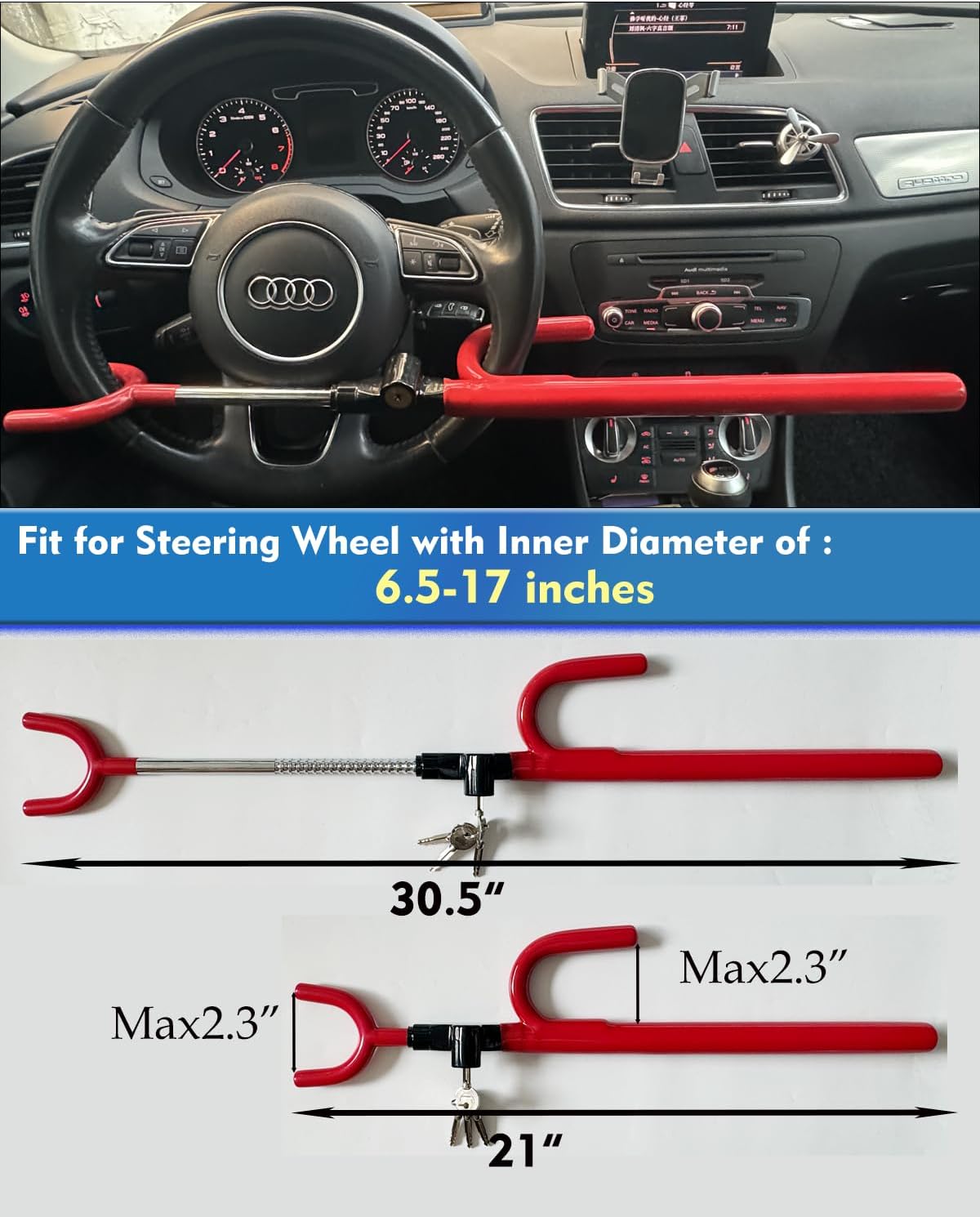 Steering Wheel Lock Anti-Theft Car Device Car Wheel Locks Heavy Duty Vehicle Security Steering Wheel Lock for Truck Car Vehicles Van Lorry SUV with 4 Keys, Elongated Length MAX 30.5“ Red