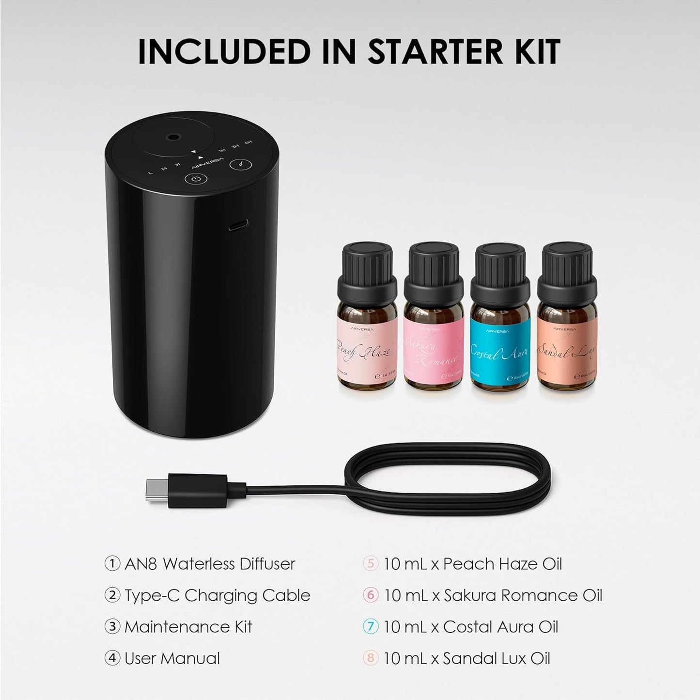 Airversa Waterless Essential Oil Diffuser Starter Kit with 4 x 10mL Fragrance Oil, Battery Operated Mini Scent Air Machine Portable Diffuser for Home Car Office, AN8 Kit2 Black
