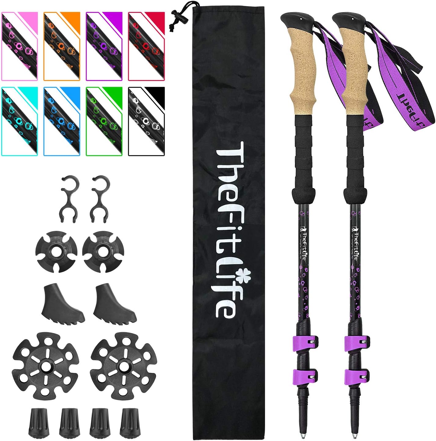TheFitLife Carbon Fiber Trekking Poles – Collapsible and Telescopic Walking Sticks with Natural Cork Handle and Extended EVA Grips, Ultralight Nordic Hiking Poles for Backpacking Camping