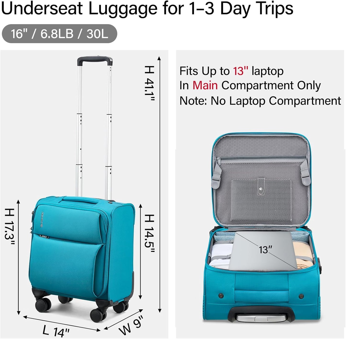 Hanke 16 Inch Underseat Carry On Luggage with Spinner Wheels for Airline, Small Softside TSA Approved Luggage Lightweight Rolling Suitcases Under Seat Travel Carry-On Bag(Caribbean Blue)