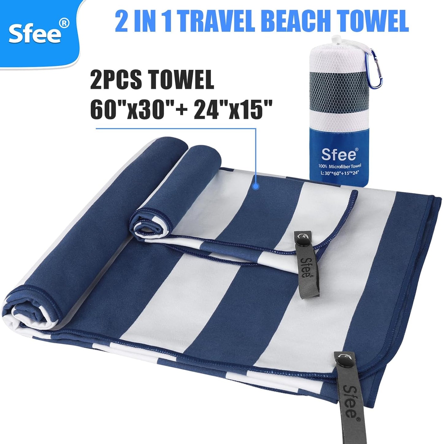 Sfee 2 in 1 Microfiber Beach Towel, Quick Dry Towel Camping Towel Travel Towel Super Absorbent Compact Lightweight Sports Gym Towels Set for Beach, Gym, Hiking, Pool, Backpacking, Bath, Yoga