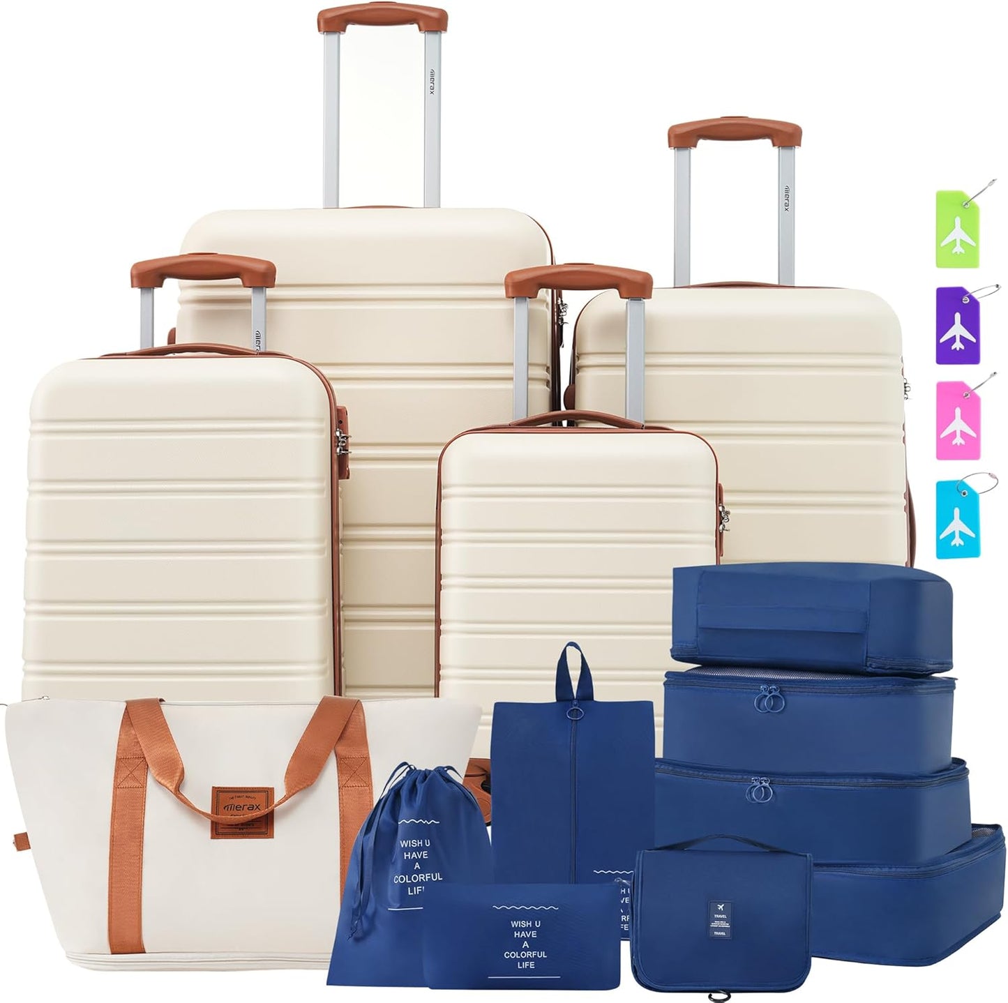 Merax Luggage sets of 13 Piece 16 20 24 28 IN Carry on Luggage sets 4 piece Hardcase White and Brown Luggage Expandable Suitcase Set with Wheels