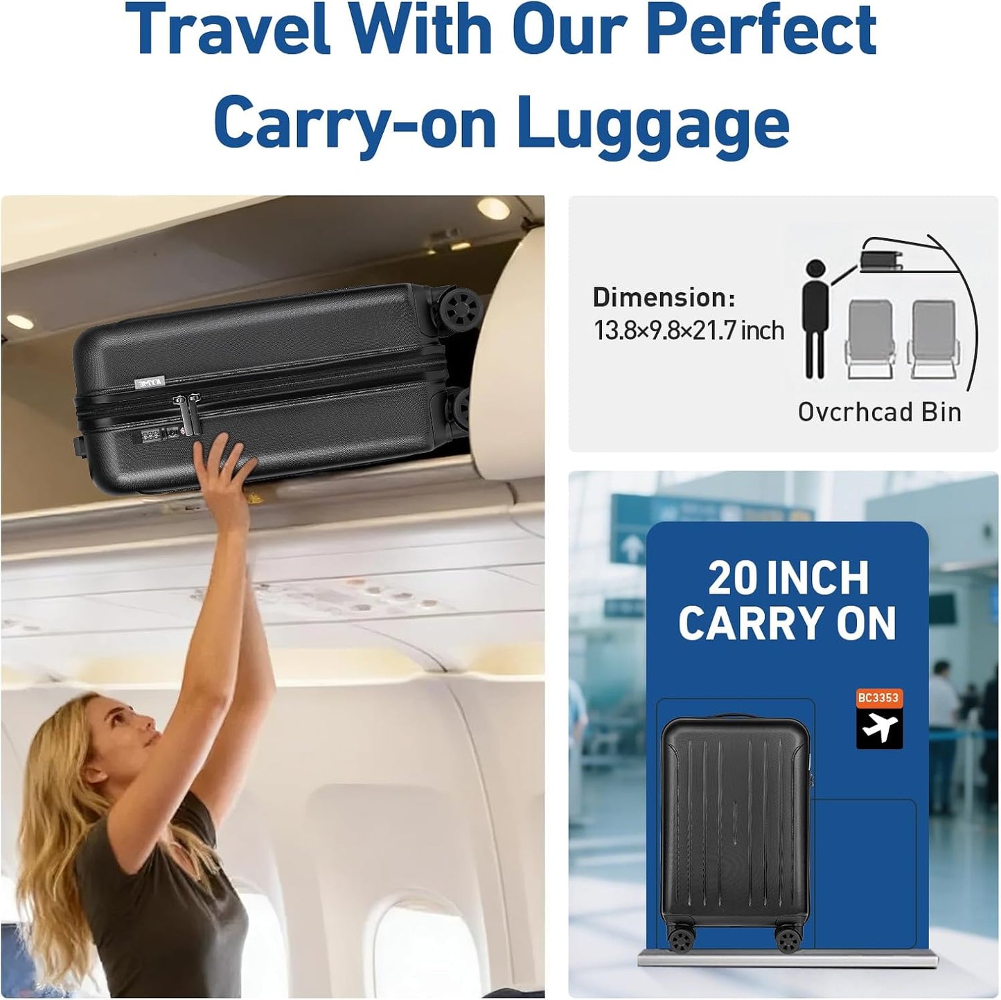 KYME Carry on luggage 22x14x9 Airline Approved Suitcase Hardshell With Double Spinner Wheels, PC+ABS TSA Lock Travel Luggage (Black, 20" Carry On)