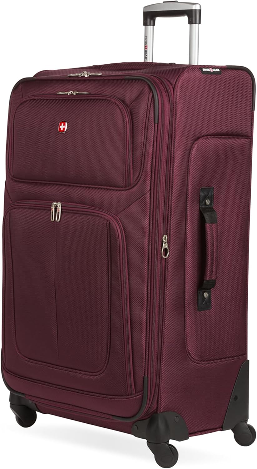 SwissGear Sion Softside Expandable Luggage – Large Checked Suitcase with 360 Degree Wheels & Retractable Handle – 29 Inch, Perfect for 7-9 Night Trips – Merlot