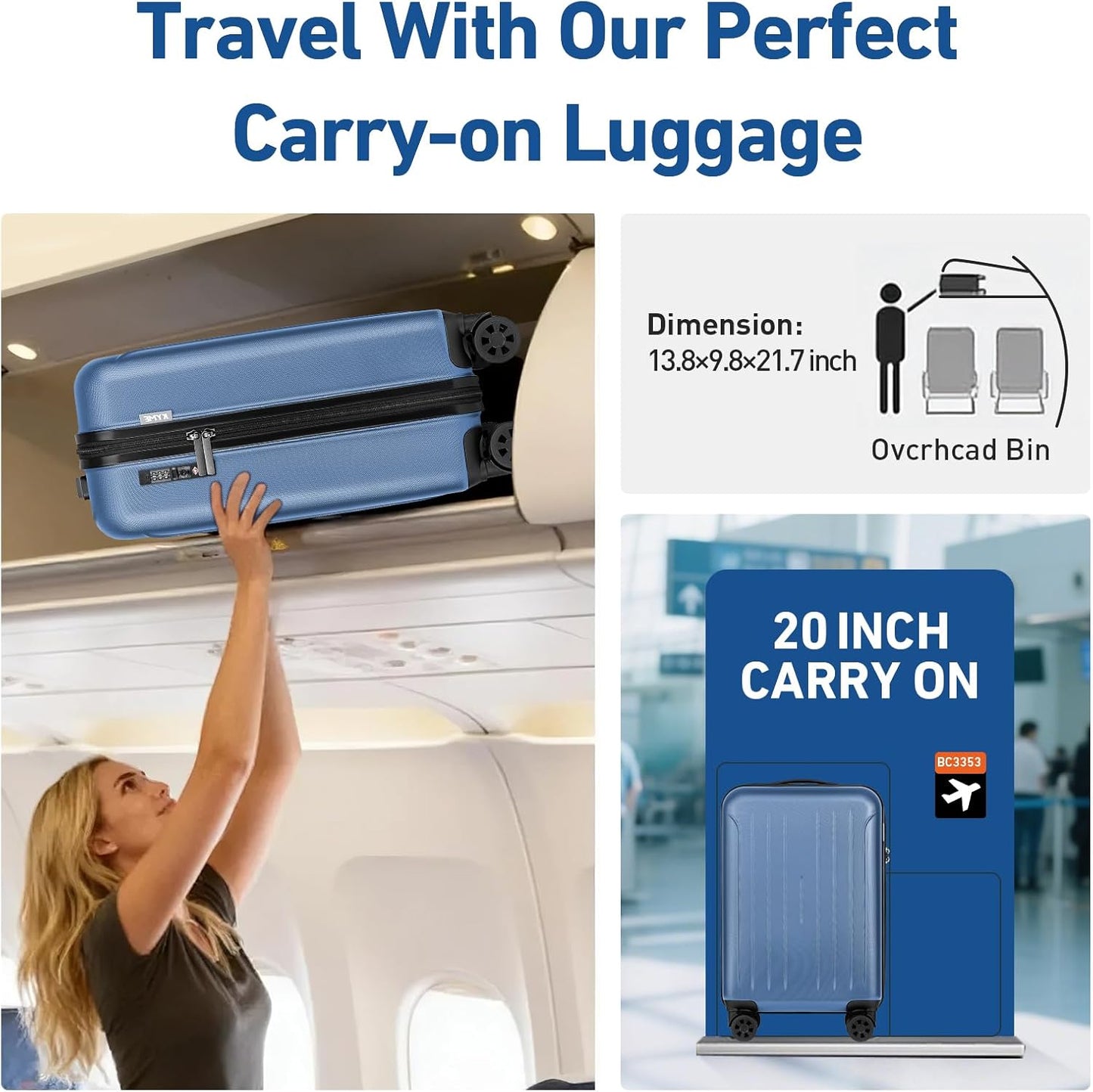 KYME Carry on luggage 22x14x9 Airline Approved Suitcase Hardshell With Double Spinner Wheels, PC+ABS TSA Lock Travel Luggage (Royalblue, 20" Carry On)