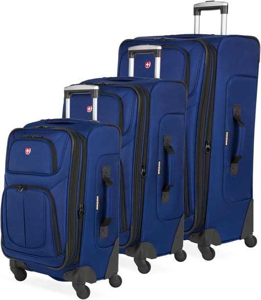 SwissGear Sion 3-Piece Set, Softside Expandable Luggage – 21 Inch Carry-On & 25 & 29 Inch Checked Suitcases with 360 Degree Wheels & Retractable Handles – Blue