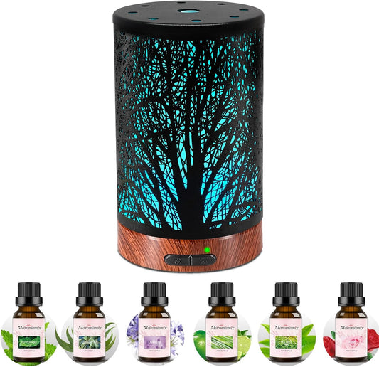 Oil Diffuser & Essential Oils Set - Oil Diffuser 150ml with 6 Essential Oils Set, Aromatherapy Cool Mist Oil Diffusers for Essential Oils, Waterless Auto Shut-Off，7 Colors Night Light,Gifts for Mom