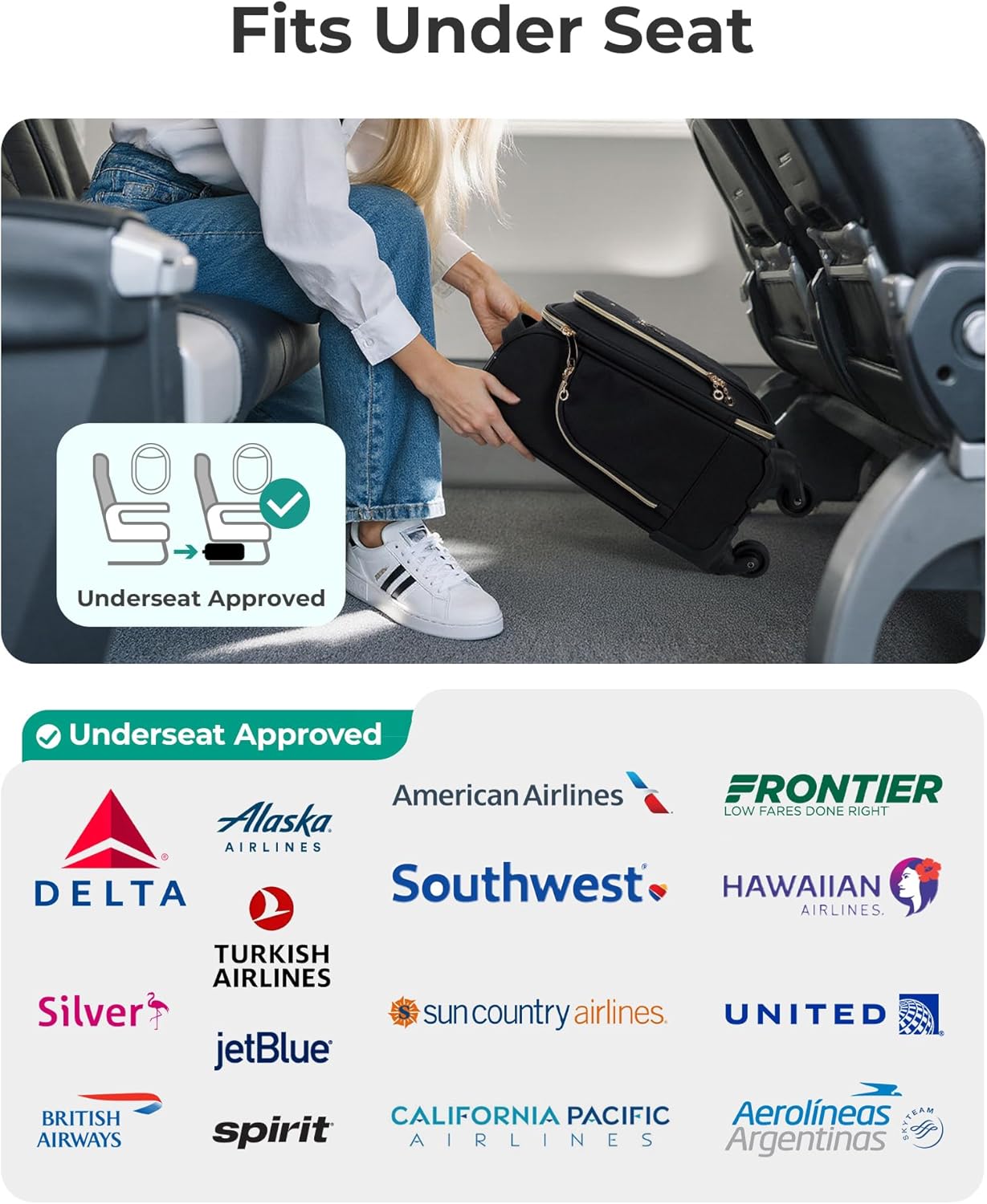 BAGSMART Underseat Carry On luggage Airline approved, 16-inch Softside Underseater Travel Suitcase with Spinner Wheels Lightweight Overnight Bag Small Rolling Carry-on for Women Men Weekender,Black