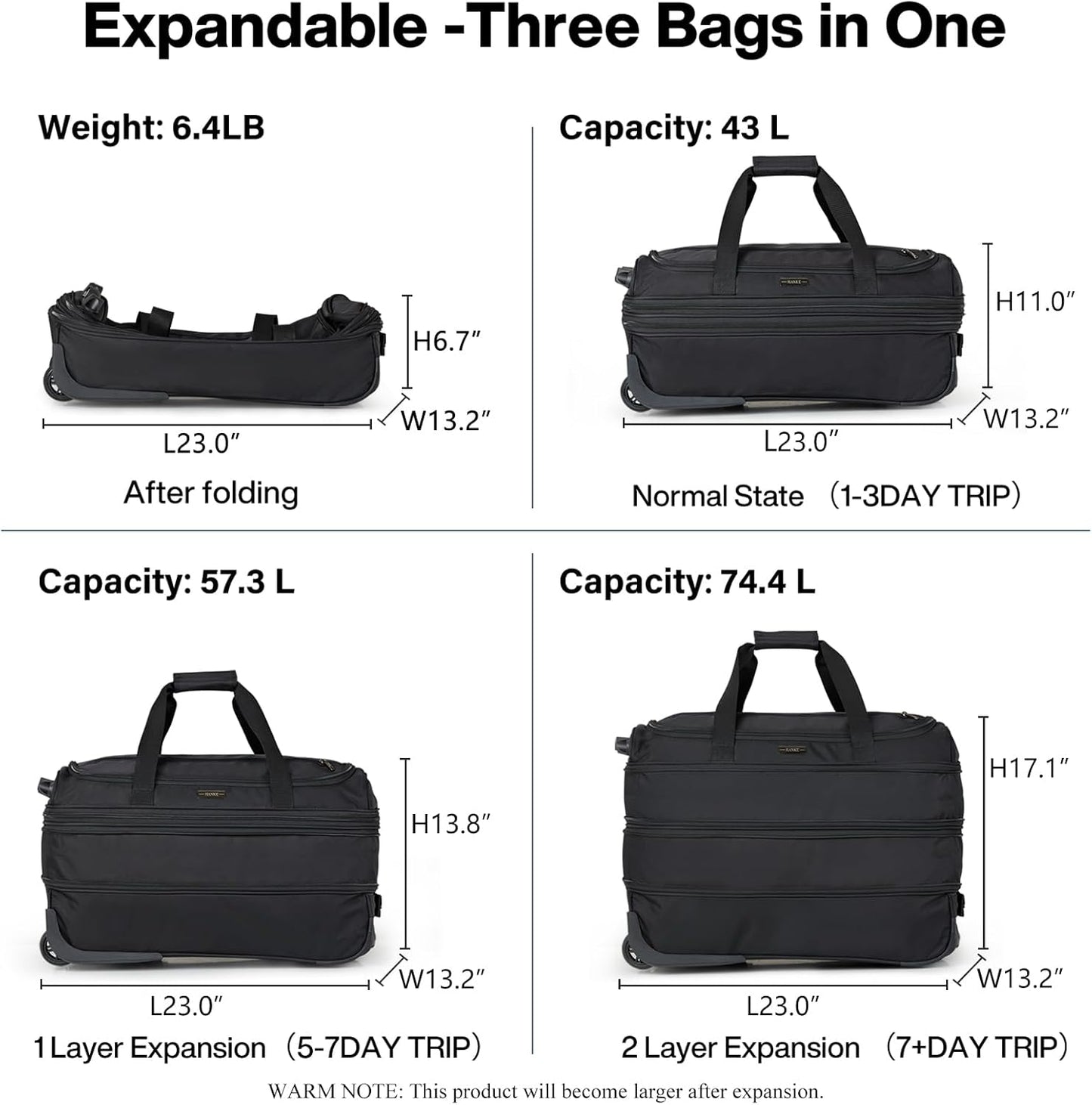 Hanke Expandable Carry On Luggage Suitcases with Wheels Foldable Duffle Bag for Travel Carry On suitcase Weekend Bag for Women Men（Black）