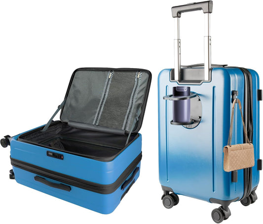 24-inch Top Opening Luggage with 360° Silent Wheels, TSA Lock, Collapsible Cup Holder & Bag Hook - Lightweight Hardshell Suitcase for Business Travel & Vacation(Blue)