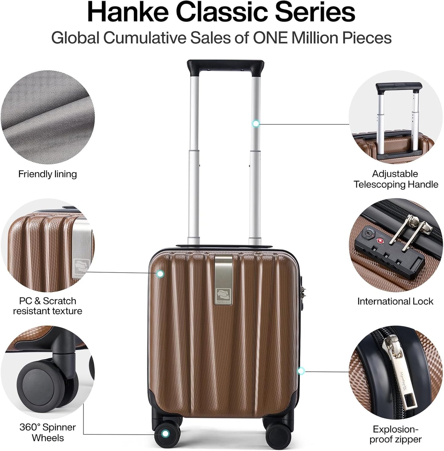 Hanke 14 Inch Underseat Carry On Luggage with Wheels Hard Shell Suitcases Lightweight Small Luggage for Weekender Mini Suitcase Carry On Bag Travel Luggage for Travel Rolling Suitcase.(Brown)