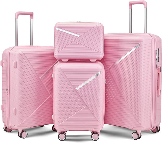 4-Piece Expandable Hardshell Luggage Set with TSA Lock (14/20/24/28) - Lightweight PP Suitcases, 360° Silent Spinner Wheels and Durable 100LB Handle for Air Travel (D# Pink)
