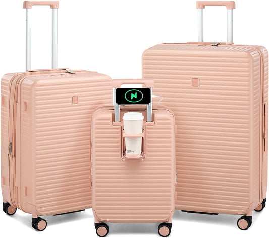 Hard Shell Suitcases Expandable Travel Luggage Sets 3 Piece, Carry on and Check in 3 Piece Luggage Suitcase Sets with Spinner Wheels Cup Holder Charger Built in (Pink, 20/24/28)