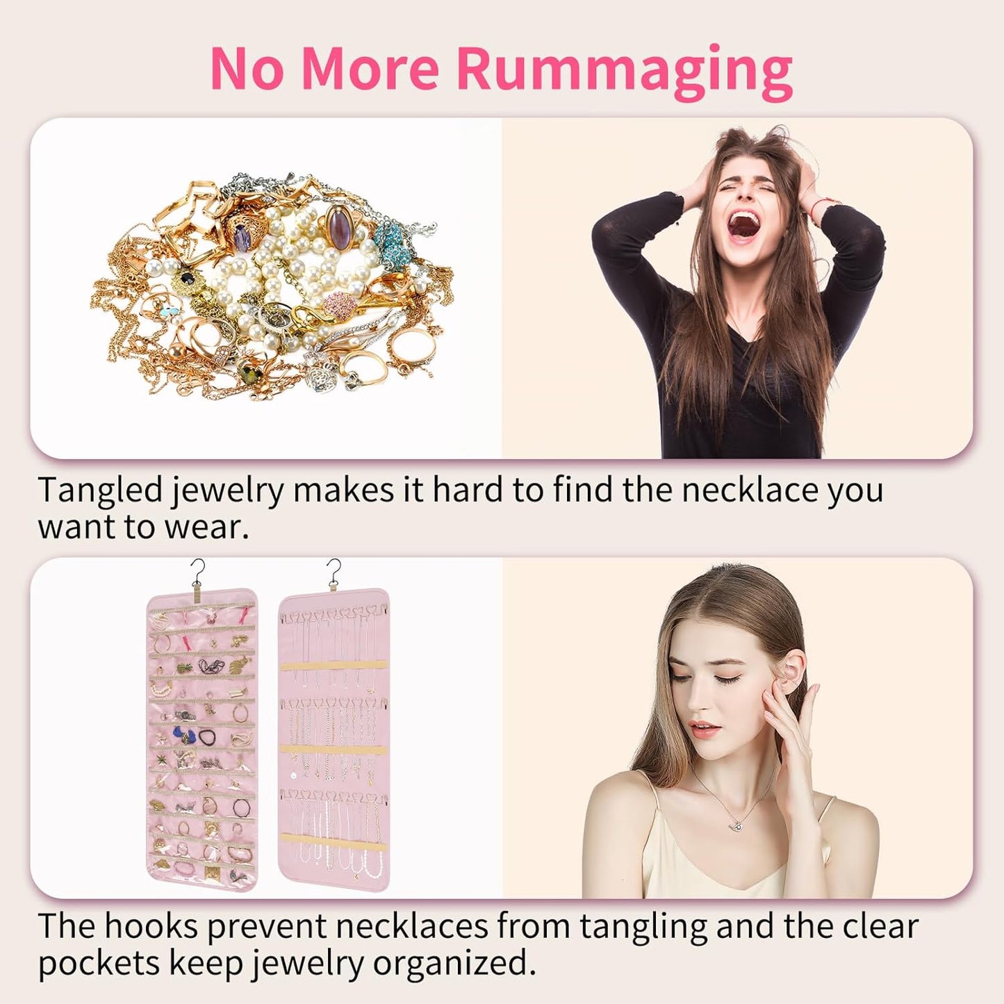 Bloss Hanging Jewelry Organizer with 48 Pockets, Double-Size Hanging Jewelrys Holder with Hanger Hooks, Jewelry Organizers and Storage for Earrings, Necklaces and Rings,Pink