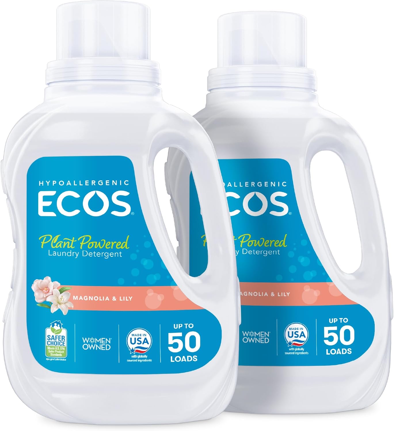ECOS Laundry Detergent Liquid, 100 Loads - Dermatologist Tested Laundry Soap - Hypoallergenic, EPA Safer Choice Certified, Plant-Powered - Magnolia Lily, 50 Fl Oz (Pack of 2)