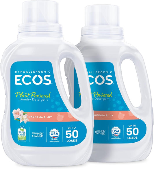 ECOS Laundry Detergent Liquid, 100 Loads - Dermatologist Tested Laundry Soap - Hypoallergenic, EPA Safer Choice Certified, Plant-Powered - Magnolia Lily, 50 Fl Oz (Pack of 2)