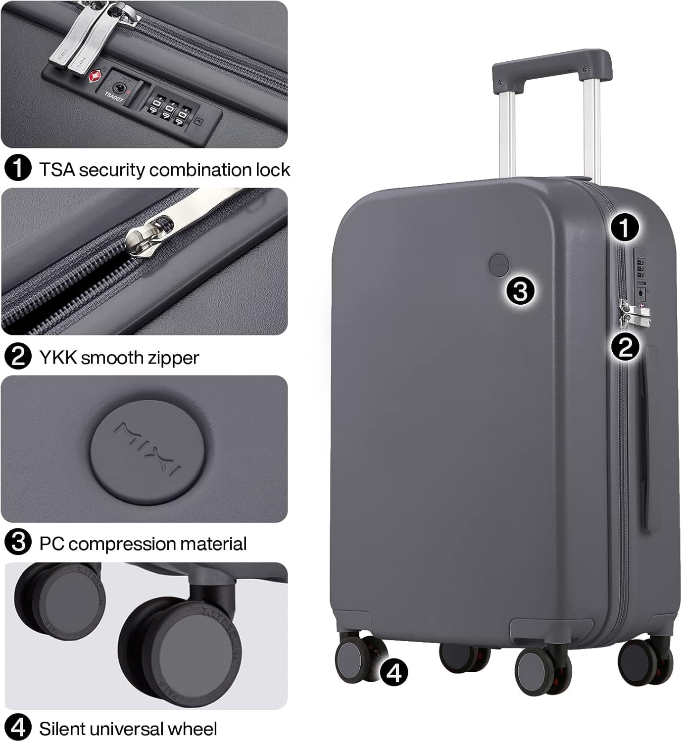 mixi Luggage Suitcase with Spinner Wheels, Hardside Rolling Suitcase PC with Cover & TSA Lock Lightweight Travel Case 24in Checked in, Rock Gray